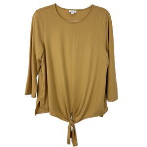 J.JILL 3/4 Sleeve Tie-Front Top L Light Mustard Yellow Relaxed Fit Knit EUC B59